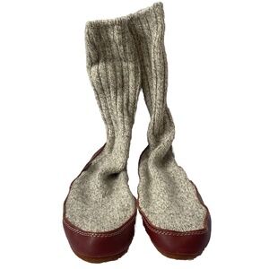 ACORN Slipper Sock Womens 7.5 to 8.5 Brown Suede w Gray Rag Wool Mid Calf Upper